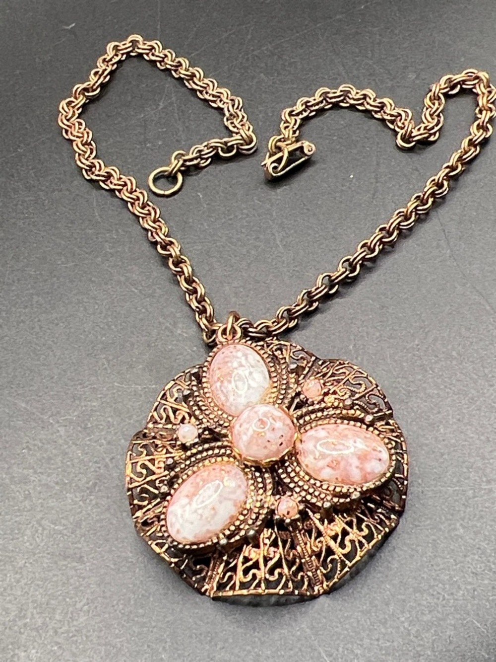 Vintage copper confetti lucite Filigree Necklace